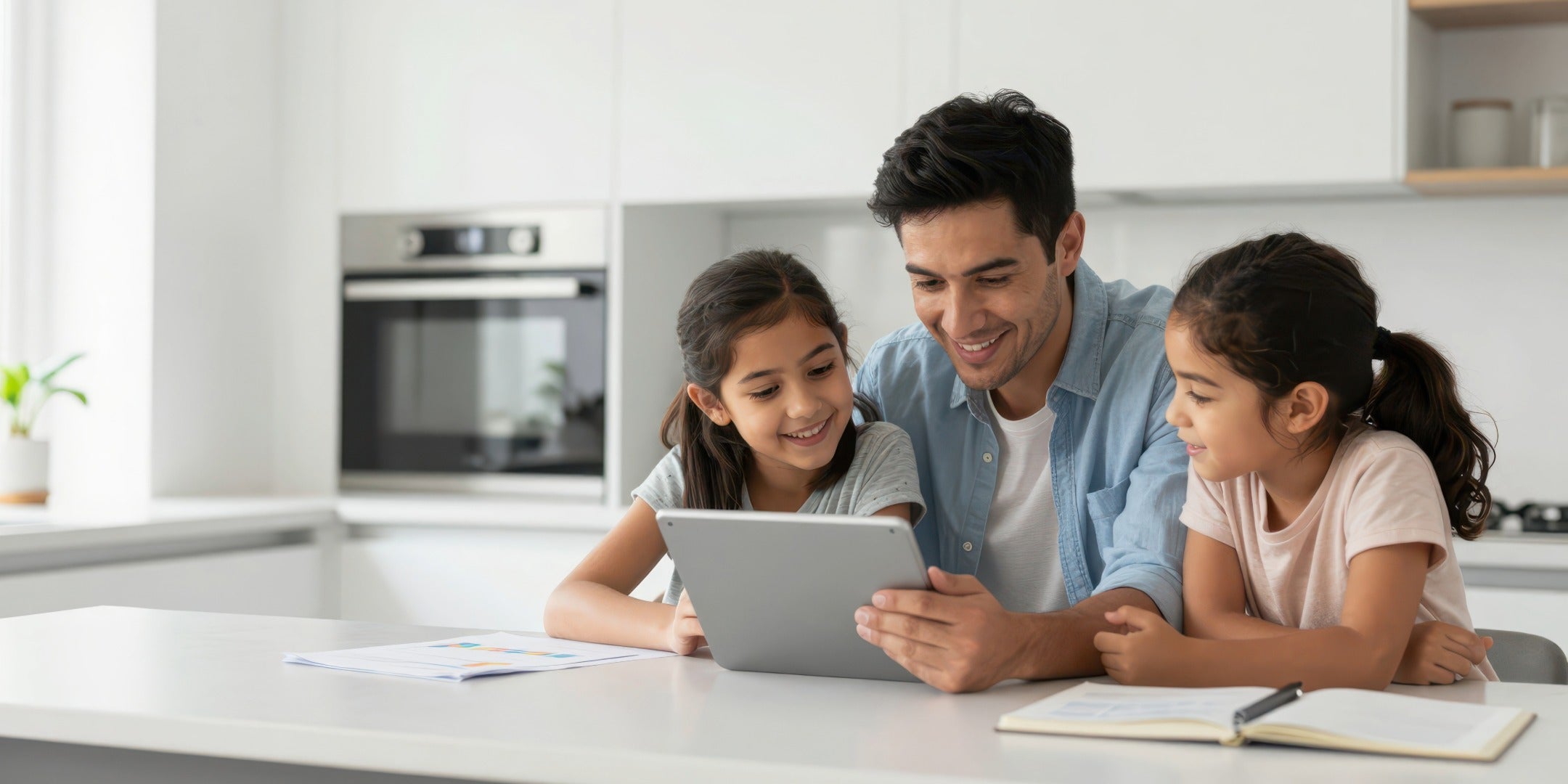 family in the kitchen with ipad